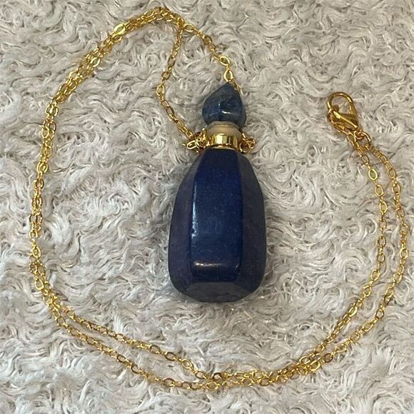 Lapis Lazuli Perfume Bottle Pendant Necklace‎ Gold Chain 20" Blue Stone - Picture 2 of 10